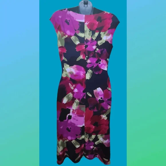 LAUREN RALPH LAUREN FLORAL PRINT COWL NECK RUCHED SLEEVELESS DESIGNER DRESS - Picture 4 of 5